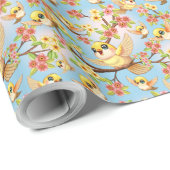 Papier Cadeau Oiseaux mignons et heureux parmi les fleurs du pri (Coin rond)