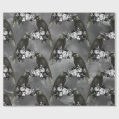 Papier Cadeau Oiseaux noirs couronnés et fleurs blanches sur gri (Plat)