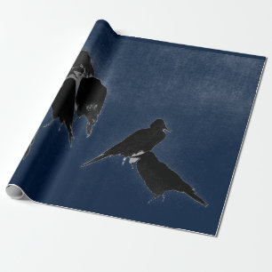 PAPIER CADEAU OISEAUX NOIRS EN TÊTE D'ENCRE JAPONAISE BLEU
