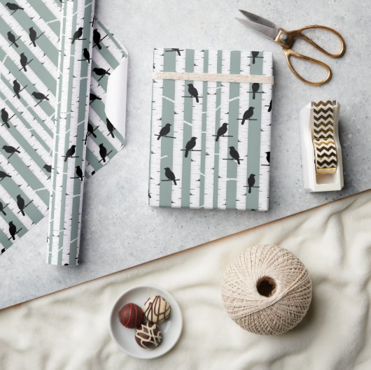 Papier Cadeau Oiseaux noirs perchés sur un tronc d'arbre Papier  (Artisanat)