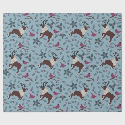 Papier Cadeau Oiseaux rouges et rennes ( bleu ) (Plat)