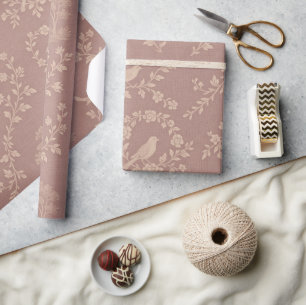 Papier Cadeau Oiseaux Toile de Jouy Rose et Crème