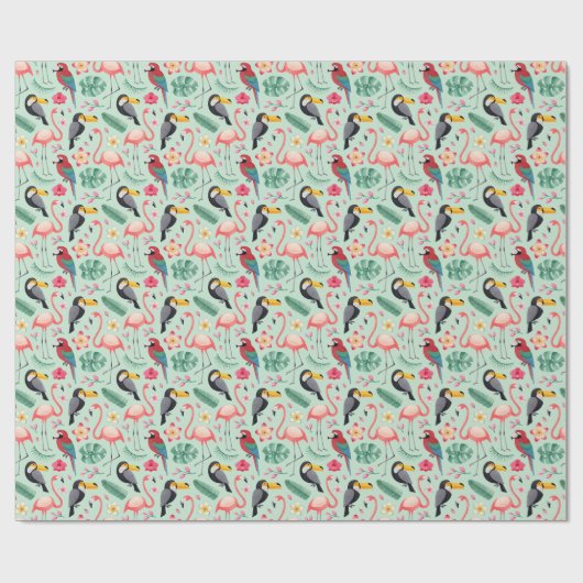 Papier Cadeau Oiseaux tropicaux, fleurs, motif d'aquarelle. (Plat)