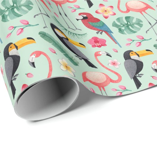 Papier Cadeau Oiseaux tropicaux, fleurs, motif d'aquarelle. (Coin rond)