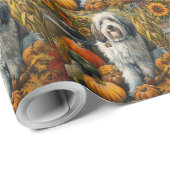 Papier Cadeau Old English Sheepdog Automne Harvest Thankgiving (Coin rond)