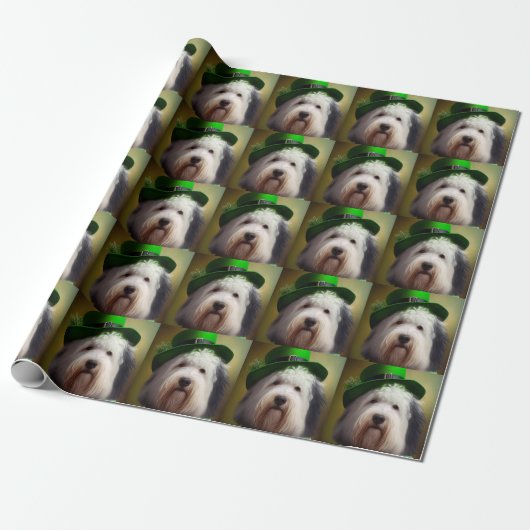 Papier Cadeau Old English Sheepdog en tenue de la Saint-Patrick (Déroulé)