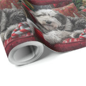 Papier Cadeau Old English Sheepdog Festive de Noël (Coin rond)