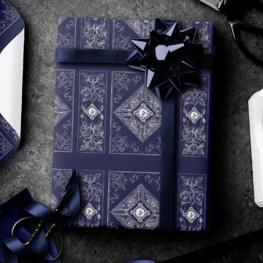Papier Cadeau Opulence ornée | Flouris aux bijoux bleu et argent