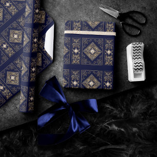 Papier Cadeau Opulence ornée   Flouris bleu et or bijoux