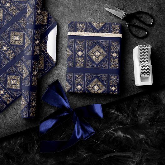 Papier Cadeau Opulence ornée | Flouris bleu et or bijoux