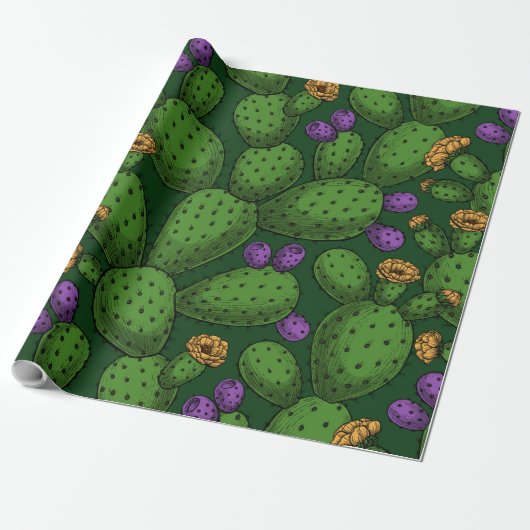 Papier Cadeau Opuntie de floraison sur vert foncé (Déroulé)