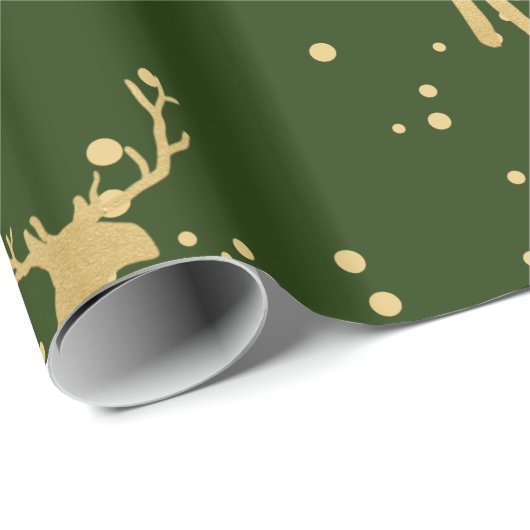 Papier Cadeau Or Antler Reindeer Elegant Vert | Pois (Coin rond)