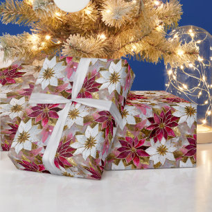 Papier Cadeau Or Blanc Bourgogne Rose Poinsettias de Noël