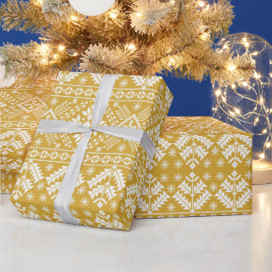 Papier Cadeau Or Blanc Flocon de Neige & Motif Floral Fair Isle