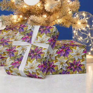Papier Cadeau Or Blanc Rose Violet Noël Poinsettias