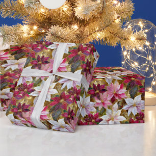 Papier Cadeau Or Bourgogne Bronze Rose Rouge Blanc Poinsettia