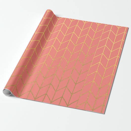 Papier Cadeau Or Chevron Coral rose Arrière - plan Moderne Chic (Déroulé)