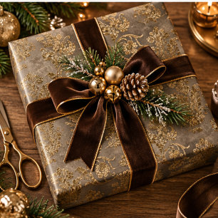Papier Cadeau Or et bronze Brown Damas Faux Velvet Noël