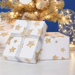 Papier Cadeau Or étincelant étoiles Joyeux Noël blanc