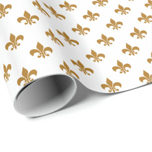 Papier Cadeau Or mat Fleur-de-lis sur Blanc