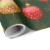 Papier Cadeau Or rouge traditionnel et ornements verts (Coin rond)