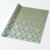 Papier Cadeau Or Royal Damask Floral Orament Blue Heraldic (Déroulé)