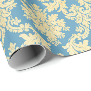 Papier Cadeau Or Royal Damask Floral Orament Blue Heraldic