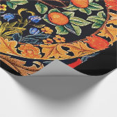 PAPIER CADEAU ORANGE ARBRE AVEC FEUILLES VERTS, FLEURS (Coin)