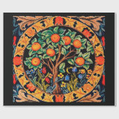PAPIER CADEAU ORANGE ARBRE AVEC FEUILLES VERTS, FLEURS (Plat)