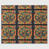 PAPIER CADEAU ORANGE ARBRE AVEC FEUILLES VERTS, FLEURS (Plat)