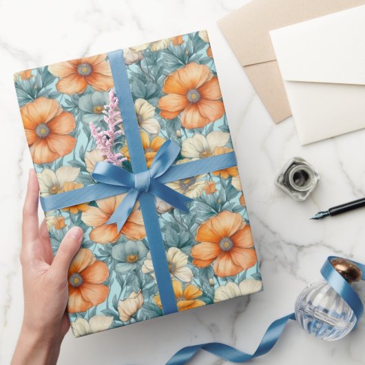 Papier Cadeau Orange bleu fleur (Cadeaux)