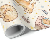 Papier Cadeau Orange Cat in a Backpack, Stars, and Yarn (Coin rond)