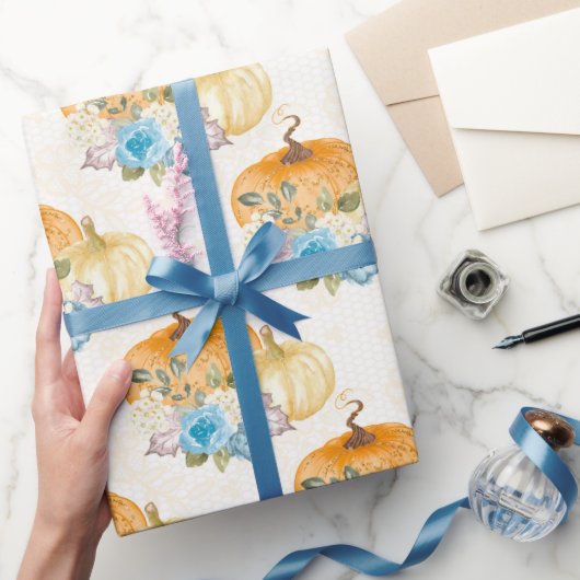 Papier Cadeau Orange Citrouilles et fleurs bleues Thanksgiving (Cadeaux)