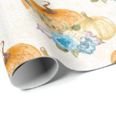 Papier Cadeau Orange Citrouilles et fleurs bleues Thanksgiving (Coin rond)