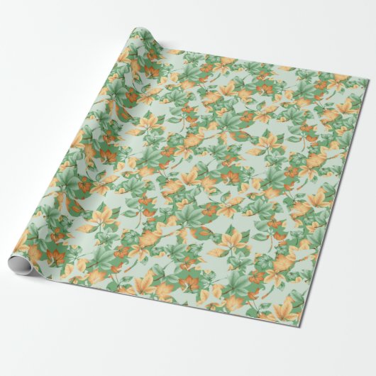 PAPIER CADEAU ORANGE & FEUILLES D'AUTOMNE VERTES (Déroulé)