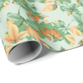PAPIER CADEAU ORANGE & FEUILLES D'AUTOMNE VERTES (Coin rond)