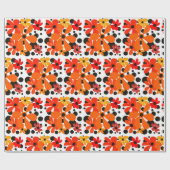 Papier Cadeau Orange fleur funky & pois noirs (Plat)