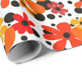 Papier Cadeau Orange fleur funky & pois noirs (Coin rond)
