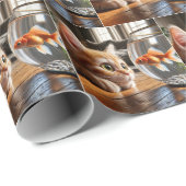 Papier Cadeau Orange Kitten regarde un poisson rouge (Coin rond)