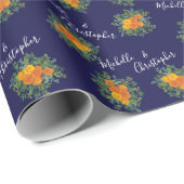 Papier Cadeau Orange & Marine Blue Peony & Rose Floral Mariage (Coin rond)