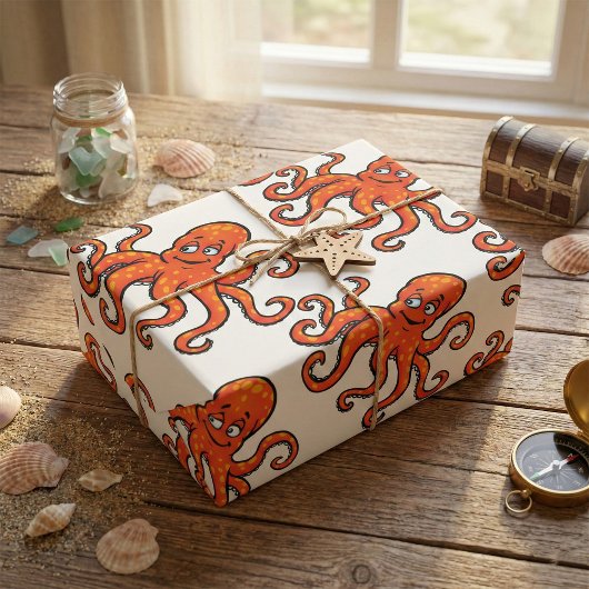 Papier Cadeau Orange Octopus Cartoon Ocean Sea Creature