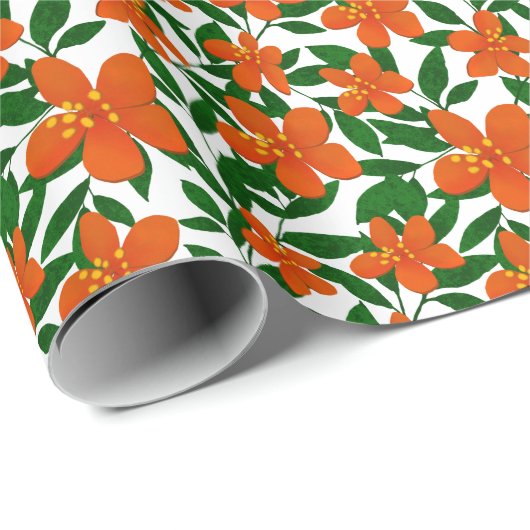 Papier Cadeau Orange Rouge Floral Vert Botanique Motif (Coin rond)