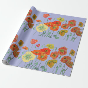 Papier Cadeau Orange Rouge Poppies Mauve Purple Aquarelle