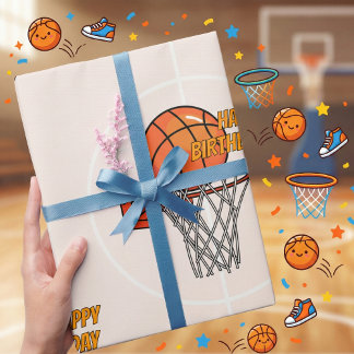 Papier Cadeau Orange Sporty Basketball Hoop Joyeux anniversaire