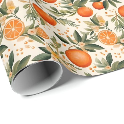 Papier Cadeau Oranges d'aquarelle et branches en fleurs Motif (Coin rond)