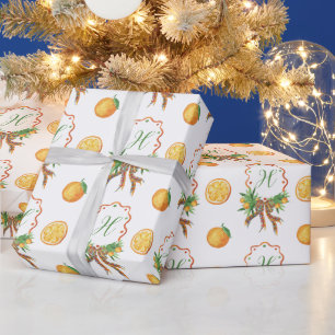 Papier Cadeau Oranges d'aquarelle Plaid Bow Monogramme de Noël