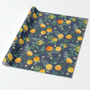 Papier Cadeau Oranges de fruits aux feuilles tropicaux et fleurs