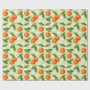 Papier Cadeau Oranges, Feuilles verts et fleurs blanches Motif