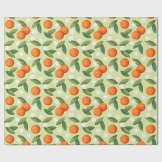Papier Cadeau Oranges, Feuilles verts et fleurs blanches Motif