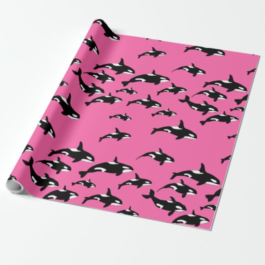 Papier Cadeau Orca Killer Whales Motif de natation sur Pink (Déroulé)